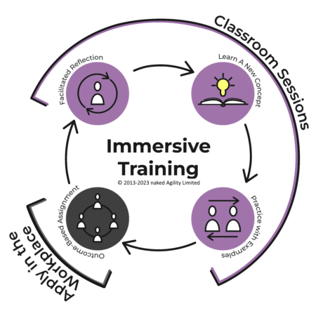 The immersive training loop: learn a concept, practise with examples, apply an outcome-based assignment in the workplace, then facilitated reflection